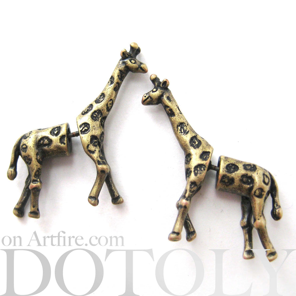 Fake Gauge Earrings: Realistic Giraffe Shaped Animal Faux Plug Stud Earrings in Brass | DOTOLY