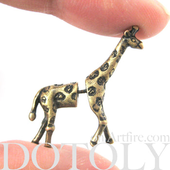 Fake Gauge Earrings: Realistic Giraffe Shaped Animal Faux Plug Stud Earrings in Brass | DOTOLY