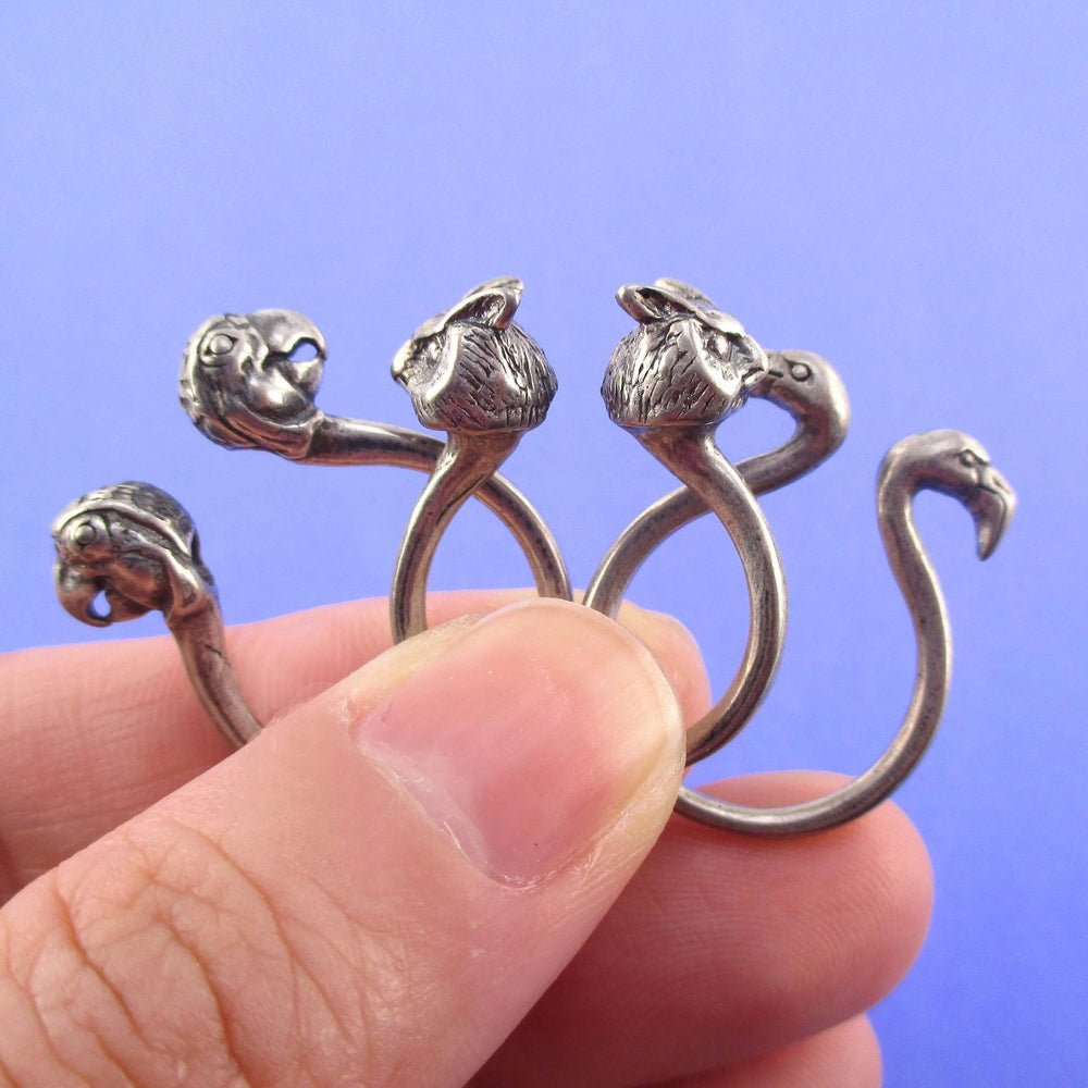3D Bird Inspired Rings in the Shape of Flamingo Parrot and Owl in Silver