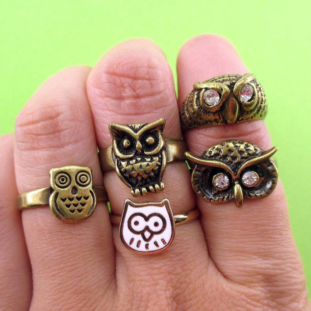 owl-themed-5-piece-animal-ring-set-in-brass