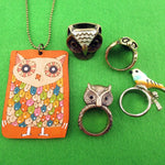 Owl Inspired Rings and Hand Drawn Pendant Necklace 5 Piece Set | Size 6