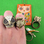 Owl Inspired Rings and Hand Drawn Pendant Necklace 5 Piece Set | Size 6