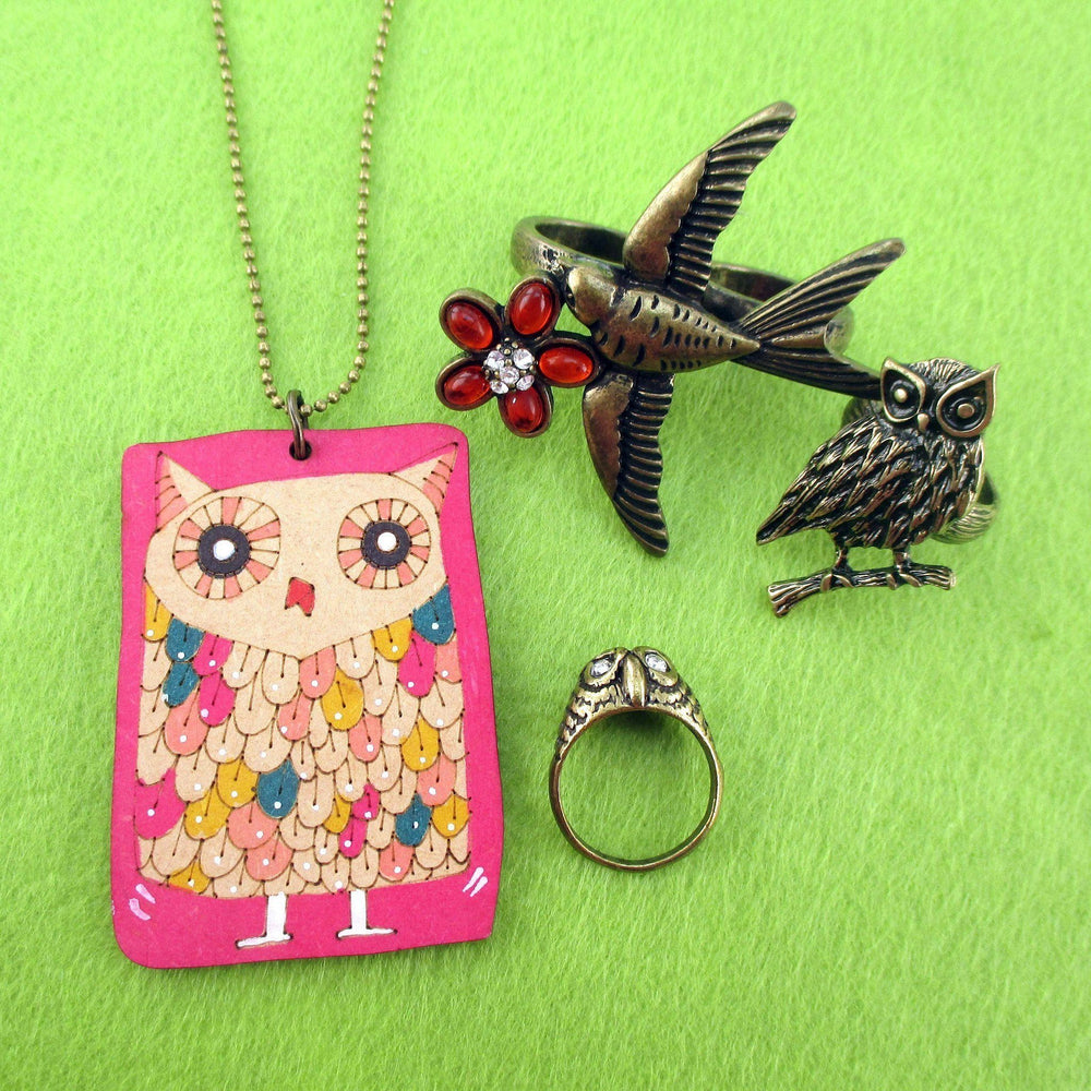 bird-themed-rings-and-hand-drawn-owl-pendant-necklace-4-piece-set-size-7