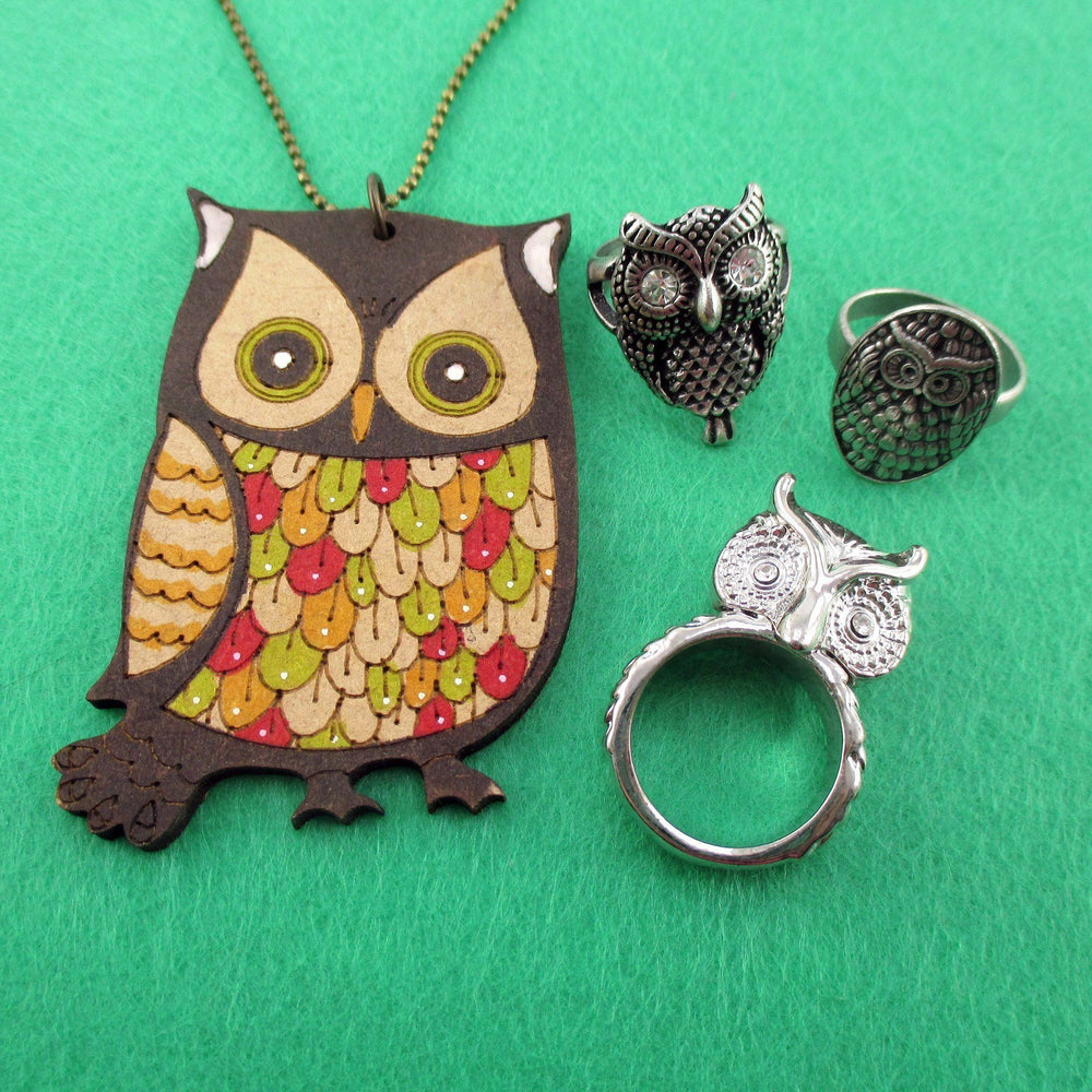 Owl Shaped Rings and Hand Drawn Owl Necklace 4 Piece Set | DOTOLY