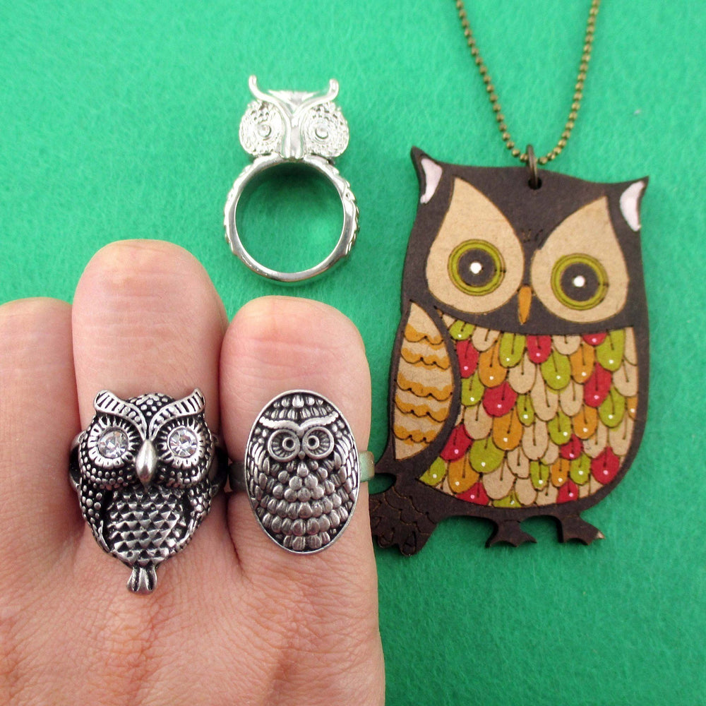 Owl Shaped Rings and Hand Drawn Owl Necklace 4 Piece Set | DOTOLY