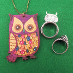 Owl Shaped Rings and Hand Drawn Owl Necklace 3 Piece Set | Size 9