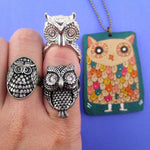 Owl Inspired Rings and Hand Drawn Owl Necklace 3 Piece Set | Size 6 and 7