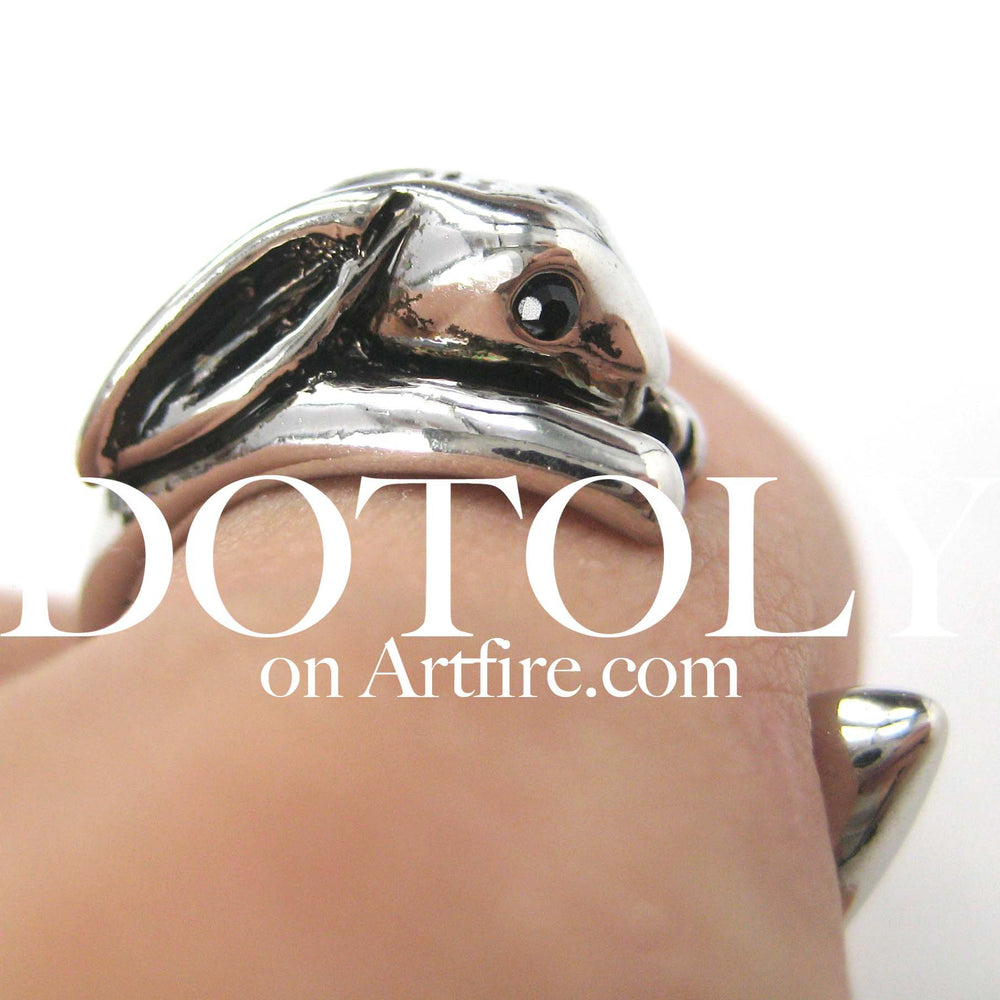 Bunny Rabbit Animal Wrap Around Ring in Shiny Silver - Sizes 4 to 9 Available | DOTOLY