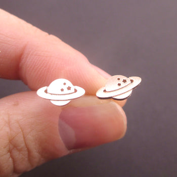 Saturn Planet Shaped Cosmos Space Galaxy Stud Earrings in Rose Gold