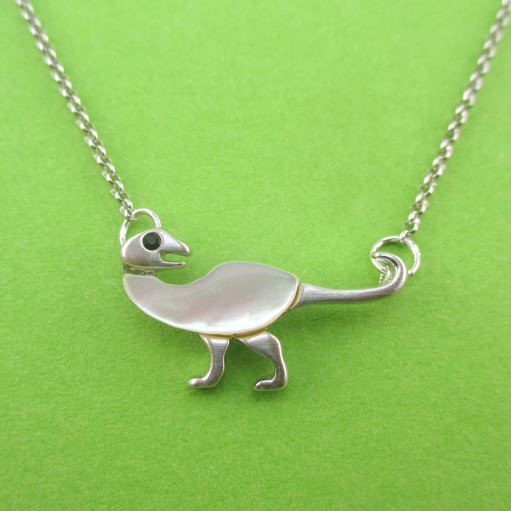 Ornithomimus Dinosaur Shaped Pendant Necklace in Silver with Pearl Detail | DOTOLY