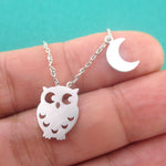 Owl Bird Crescent Moon Charm Necklace In Silver | Animal Jewelry