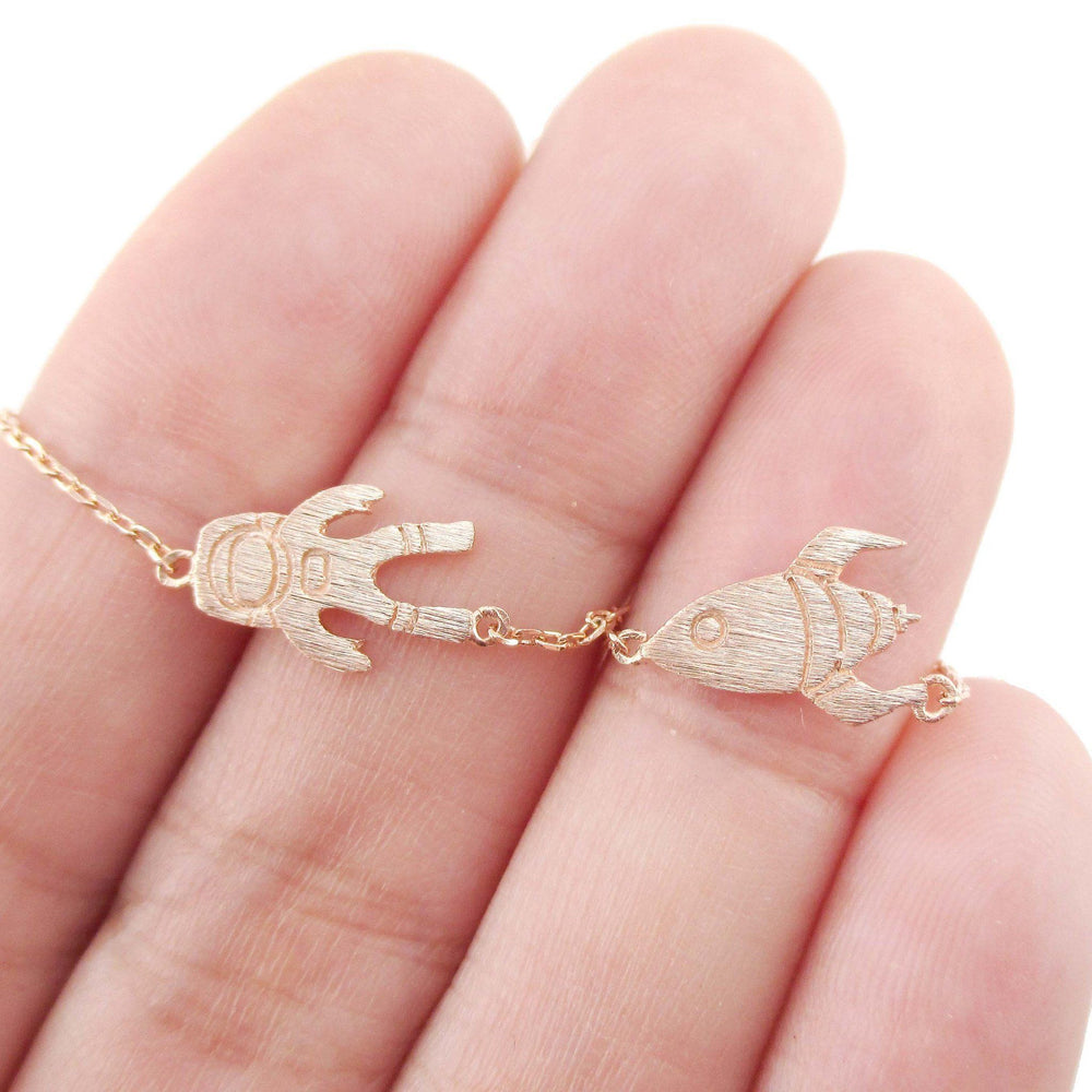 Spaceship and Astronaut Space Travel Themed Charm Necklace in Rose Gold | DOTOLY | DOTOLY