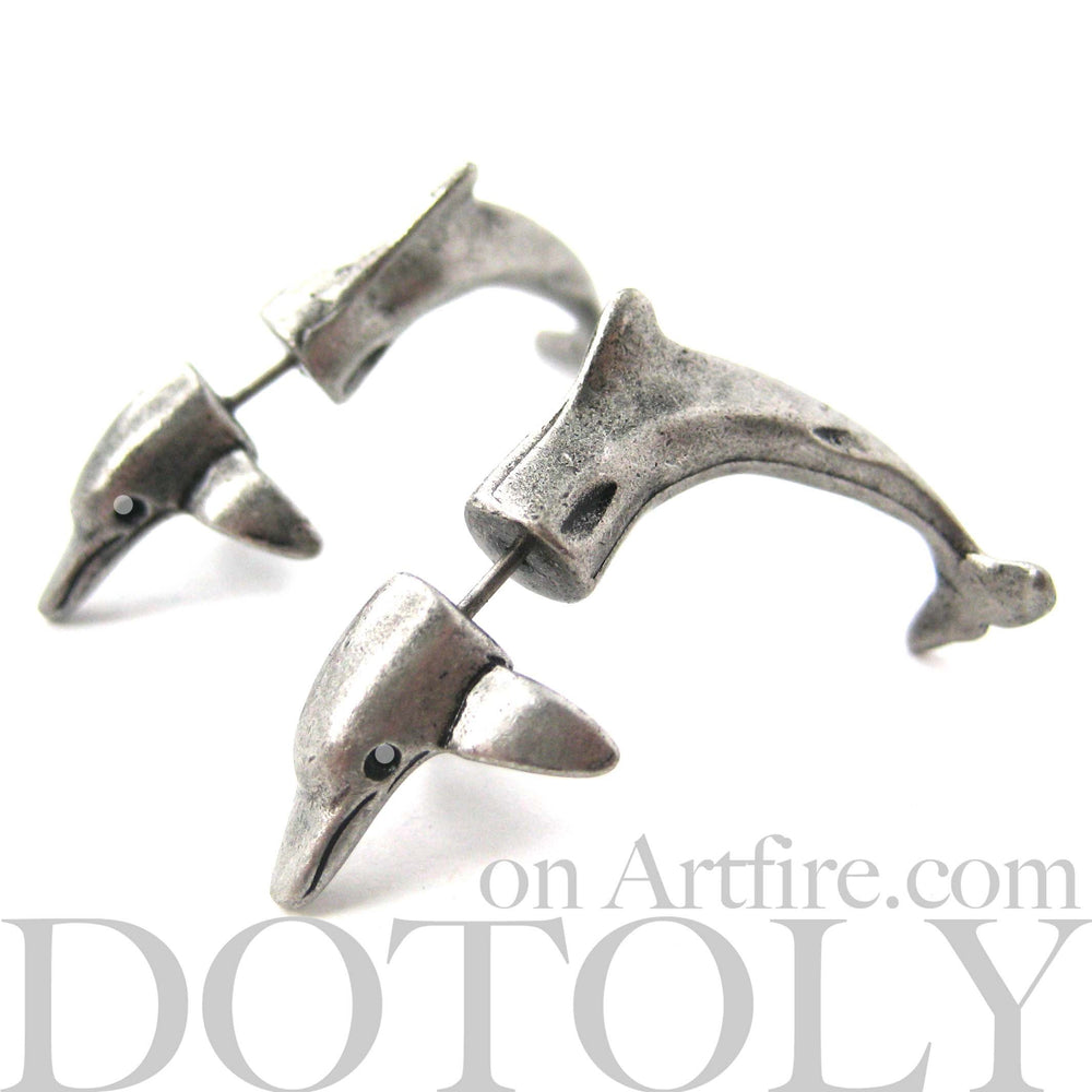 Fake Gauge Earrings: Realistic Dolphin Sea Animal Shaped Plug Stud Earrings in Silver | DOTOLY
