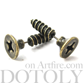 Fake Gauge Earrings: Realistic Screw Shaped Faux Plug Stud Earrings in Brass | DOTOLY