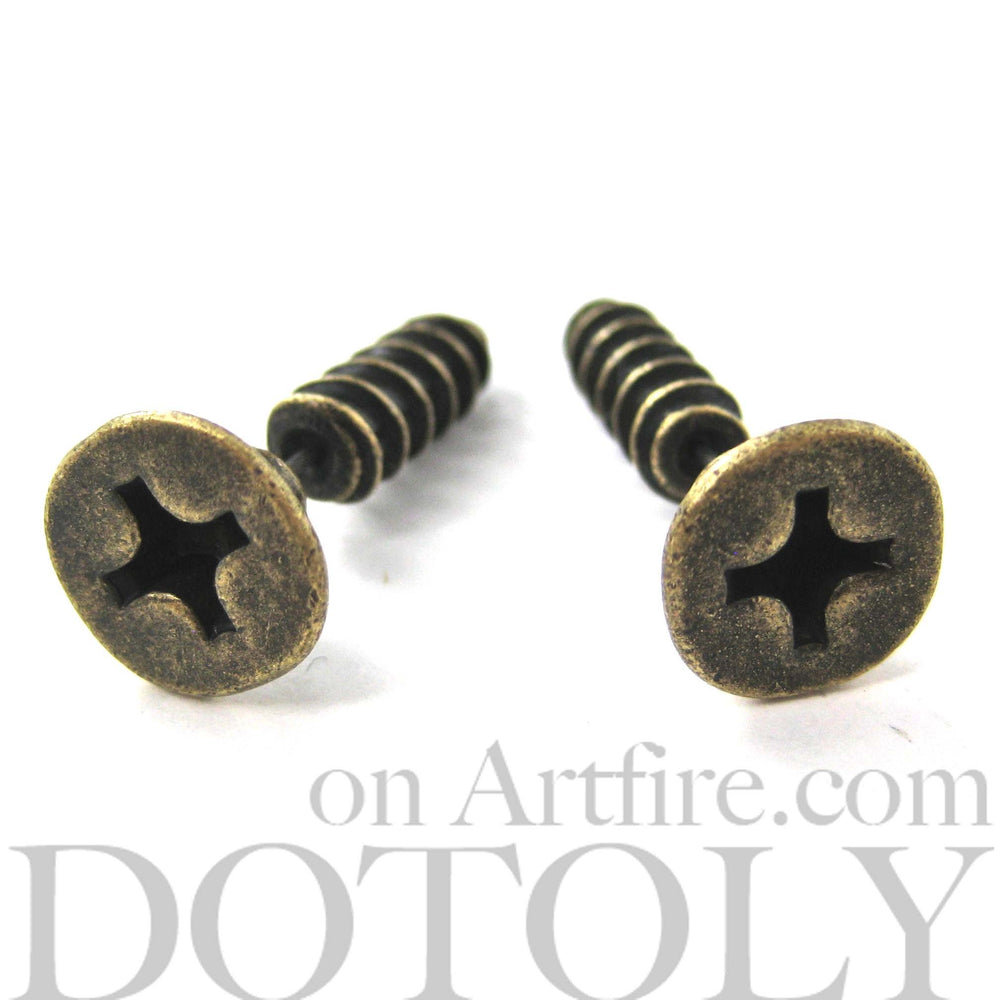 Fake Gauge Earrings: Realistic Screw Shaped Faux Plug Stud Earrings in Brass | DOTOLY