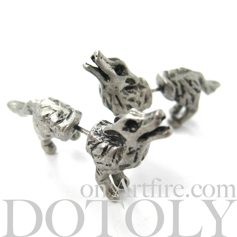 Fake Gauge Earrings: Realistic Wolf Fox Animal Shaped Plug Earrings in Silver | DOTOLY