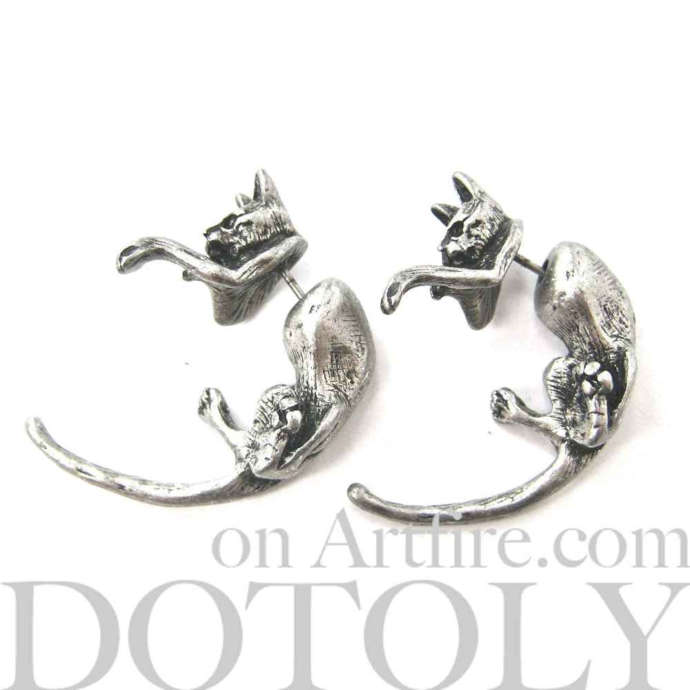 Fake Gauge Earrings: Realistic Kitty Cat Pet Animal Shaped Plug Stud Earrings in Silver | DOTOLY