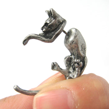 Fake Gauge Earrings: Realistic Kitty Cat Pet Animal Shaped Plug Stud Earrings in Silver | DOTOLY