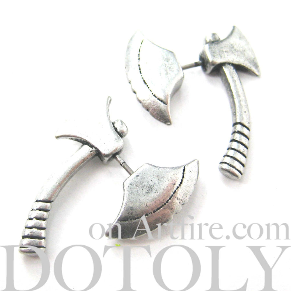 Fake Gauge Earrings: Realistic Axe Shaped Faux Plug Stud Earrings in Silver | DOTOLY