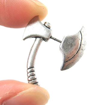 Fake Gauge Earrings: Realistic Axe Shaped Faux Plug Stud Earrings in Silver | DOTOLY