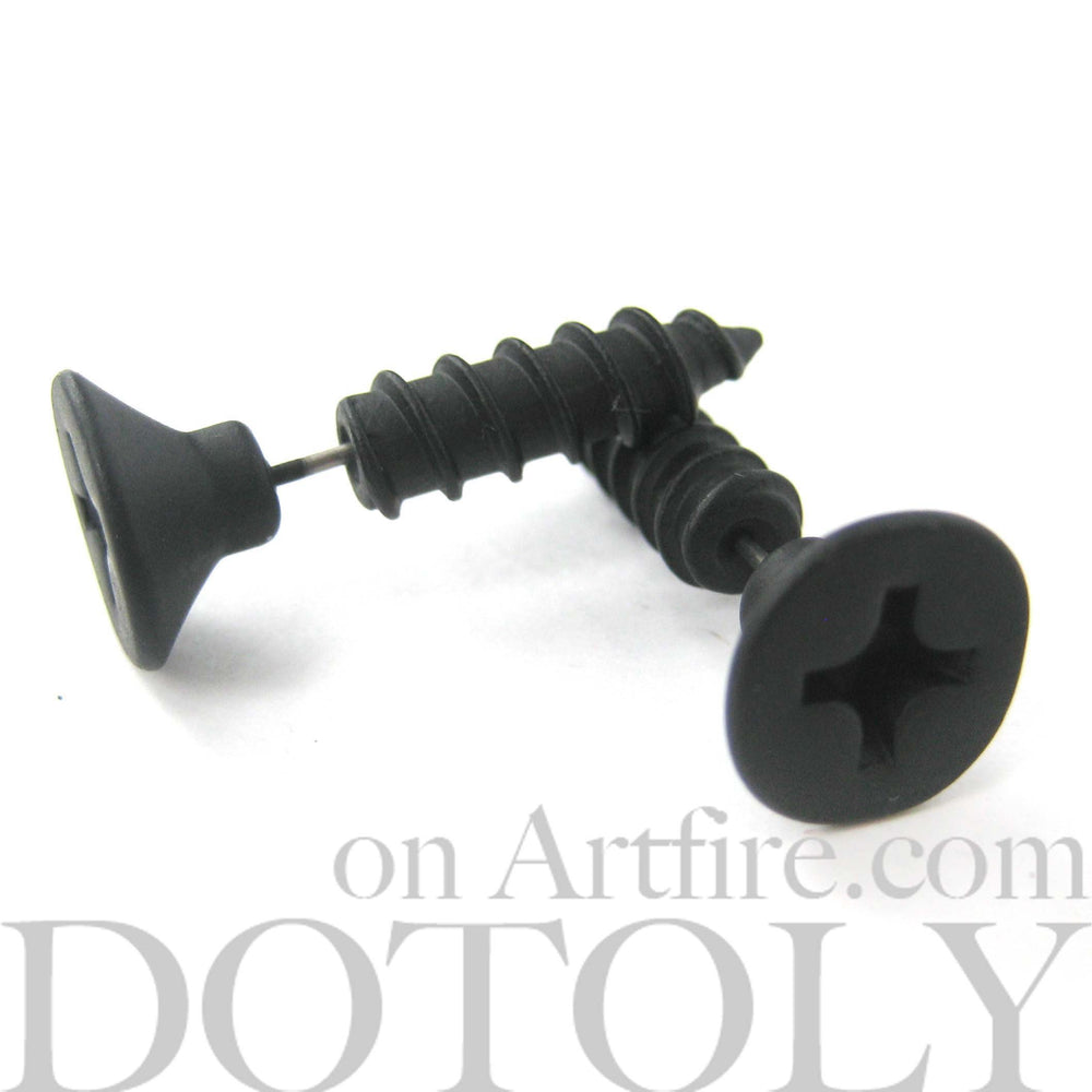 Fake Gauge Earrings: Realistic Screw Shaped Faux Plug Stud Earrings in Black | DOTOLY