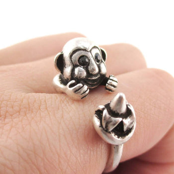 Chimpanzee Animal Wrap Ring with Banana in Silver