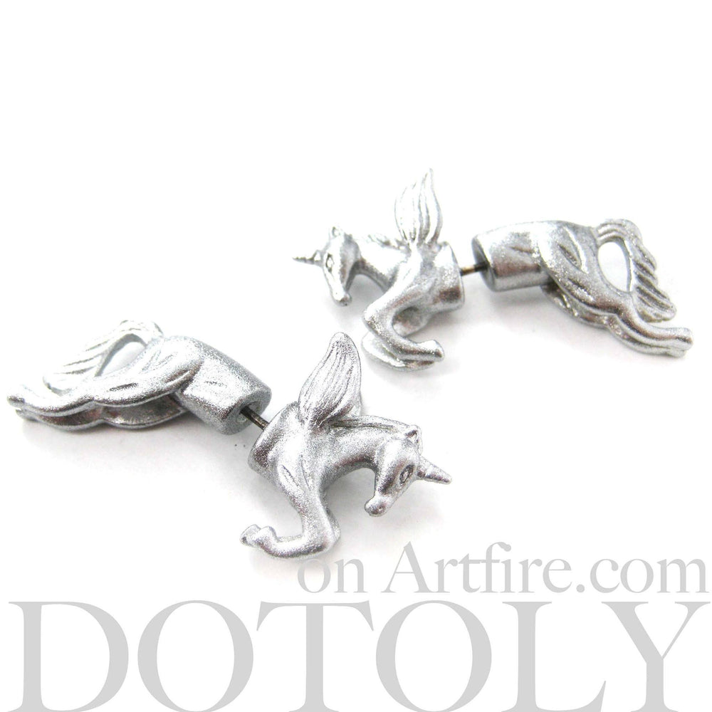 Fake Gauge Earrings: Mythical Unicorn Horse Animal Faux Plug Stud Earrings in Glittery Silver | DOTOLY