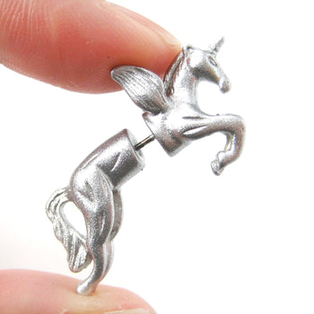 Fake Gauge Earrings: Mythical Unicorn Horse Animal Faux Plug Stud Earrings in Glittery Silver | DOTOLY