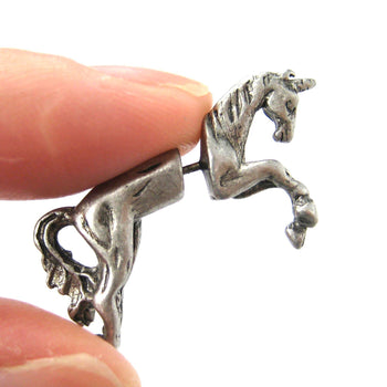 Fake Gauge Earrings: Mythical Unicorn Horse Animal Faux Plug Stud Earrings in Matte Silver | DOTOLY