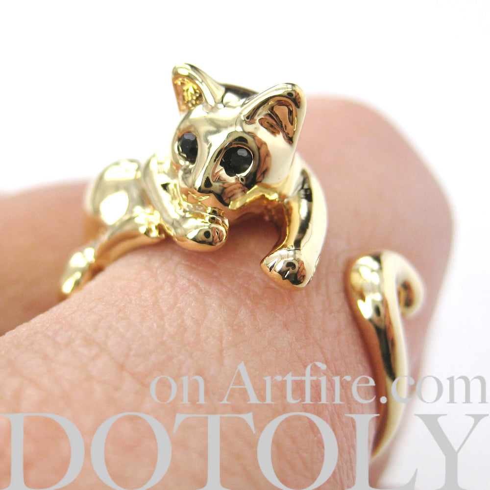 Relaxing Kitty Cat Animal Wrap Around Ring in Shiny Gold - Sizes 4 to 9 Available | DOTOLY
