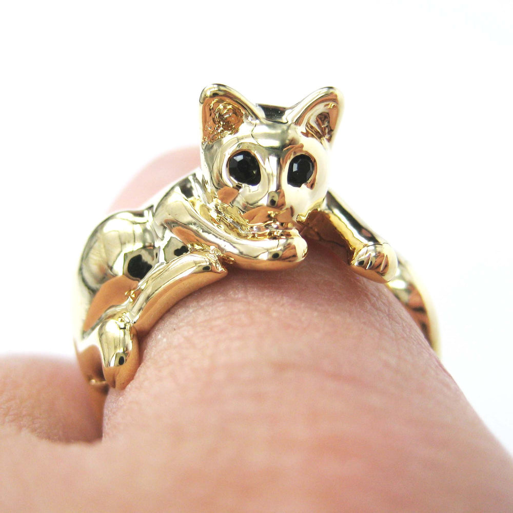 Relaxing Kitty Cat Animal Wrap Around Ring in Shiny Gold - Sizes 4 to 9 Available | DOTOLY
