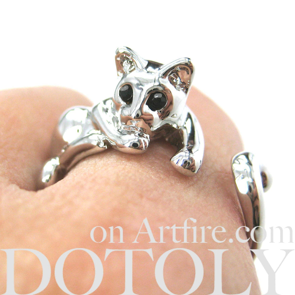 Relaxing Kitty Cat Animal Wrap Around Ring in Shiny Silver - Sizes 4 to 9 Available | DOTOLY