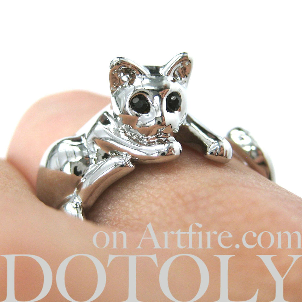 Relaxing Kitty Cat Animal Wrap Around Ring in Shiny Silver - Sizes 4 to 9 Available | DOTOLY