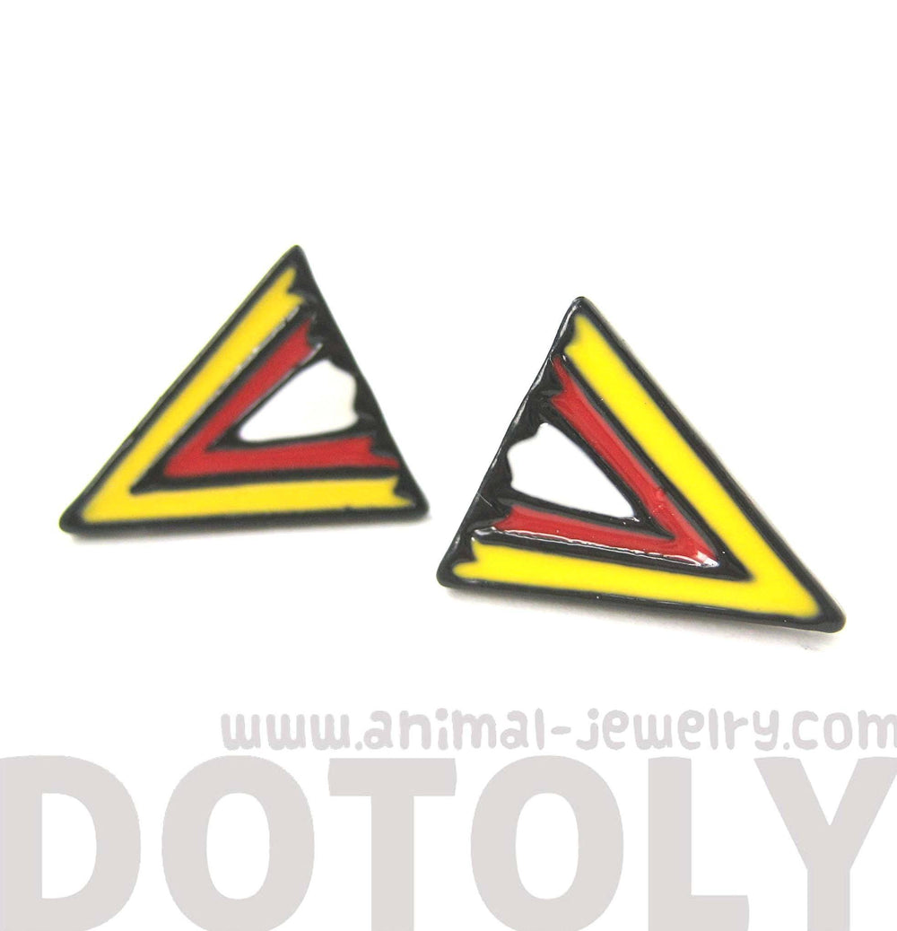 Geometric Arrow Shaped Chevron Print Stud Earrings in Red White and Yellow | DOTOLY
