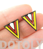 Geometric Arrow Shaped Chevron Print Stud Earrings in Red White and Yellow | DOTOLY