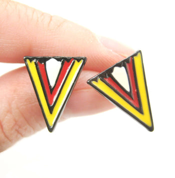 Geometric Arrow Shaped Chevron Print Stud Earrings in Red White and Yellow | DOTOLY