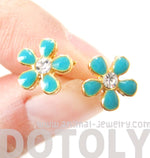 Small Daisy Floral Flower Shaped Stud Earrings in Blue on Gold with Rhinestones | DOTOLY