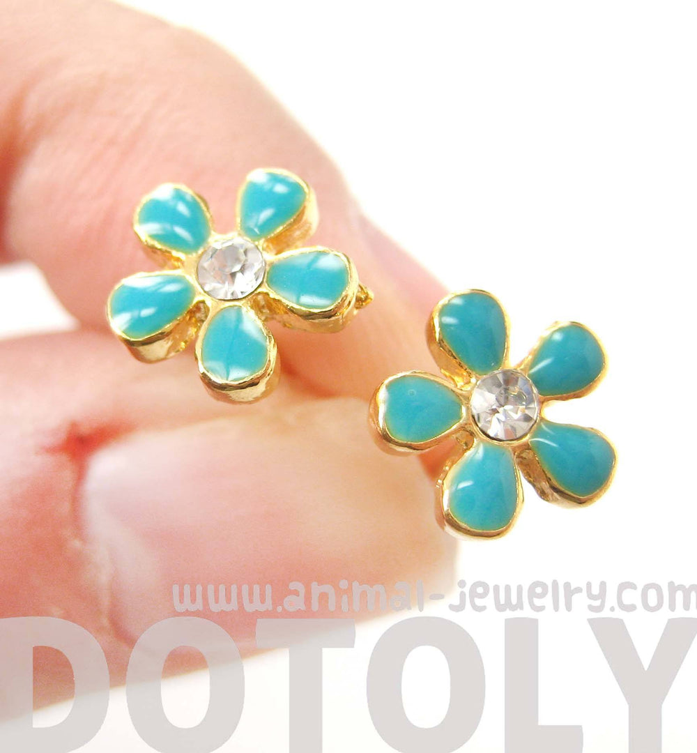 Small Daisy Floral Flower Shaped Stud Earrings in Blue on Gold with Rhinestones | DOTOLY