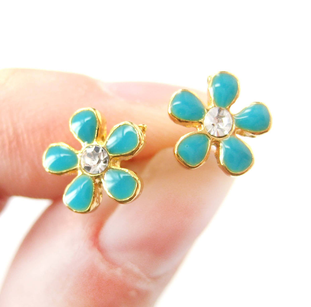Small Daisy Floral Flower Shaped Stud Earrings in Blue on Gold with Rhinestones | DOTOLY