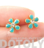 Small Daisy Floral Flower Shaped Stud Earrings in Blue on Gold with Rhinestones | DOTOLY