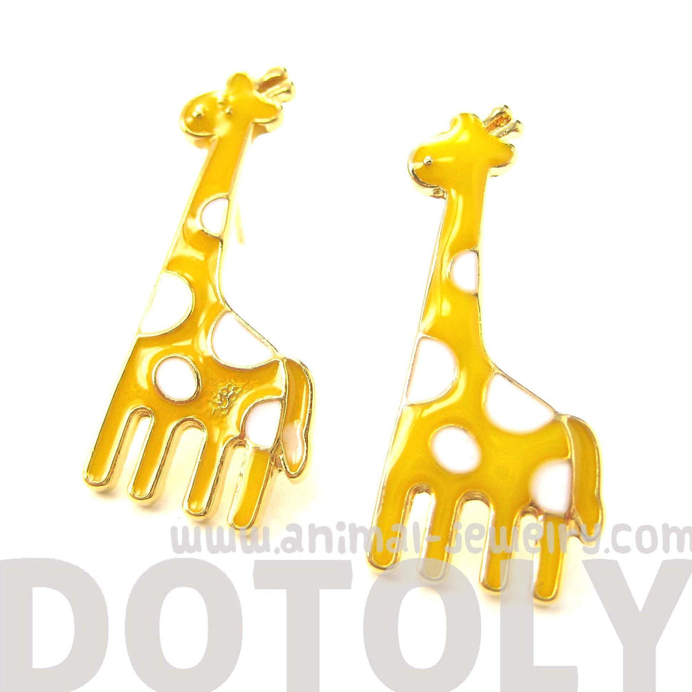 Large Giraffe Shaped Stud Earrings in Yellow with White Polka Dots | DOTOLY
