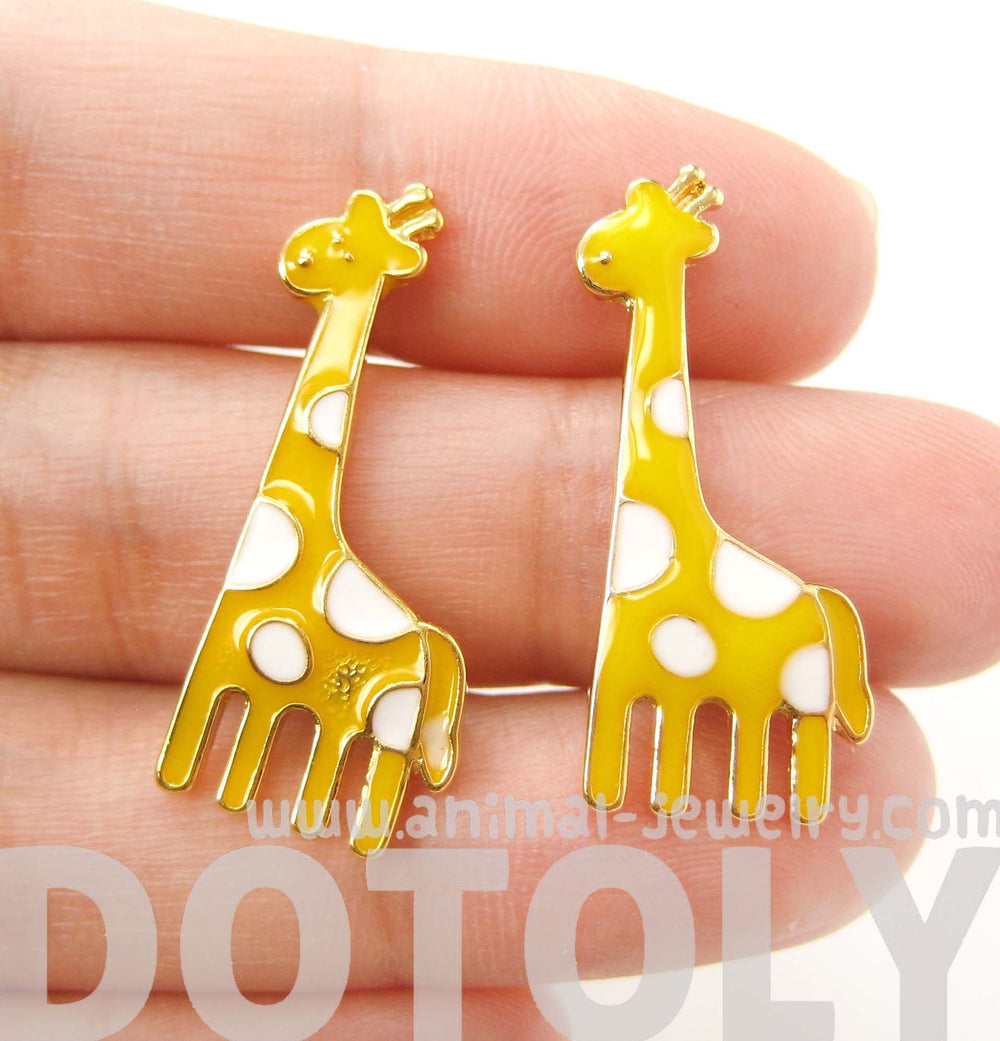 Large Giraffe Shaped Stud Earrings in Yellow with White Polka Dots | DOTOLY