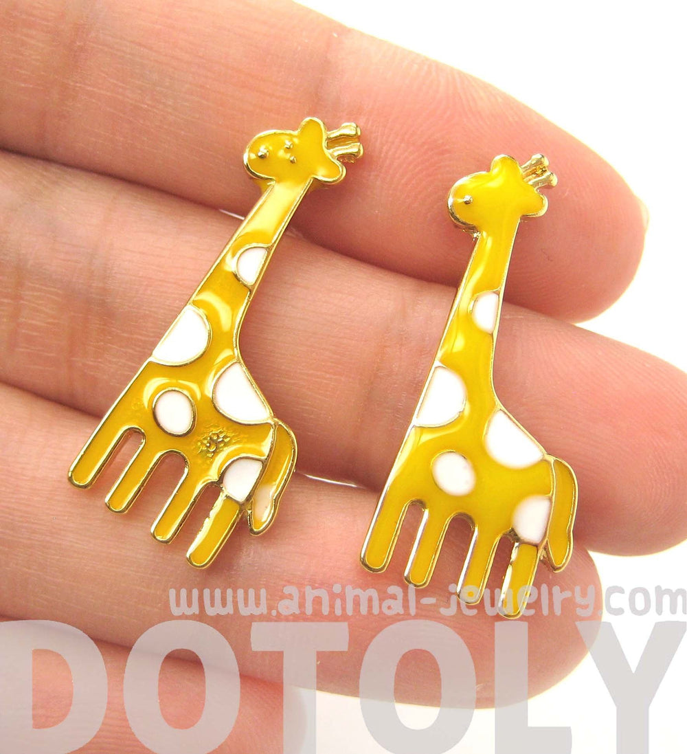 Large Giraffe Shaped Stud Earrings in Yellow with White Polka Dots | DOTOLY