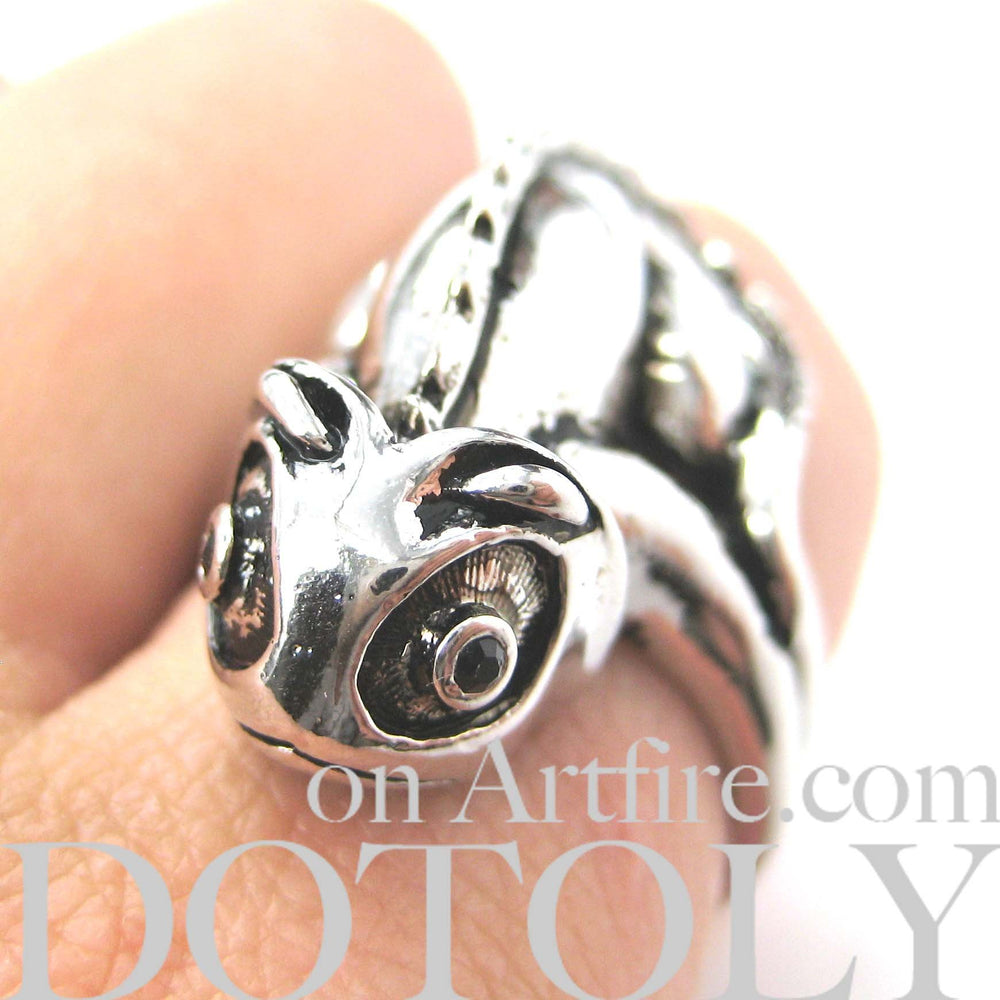 3D Adjustable Iguana Chameleon Animal Wrap Around Hug Ring in Shiny Silver | DOTOLY