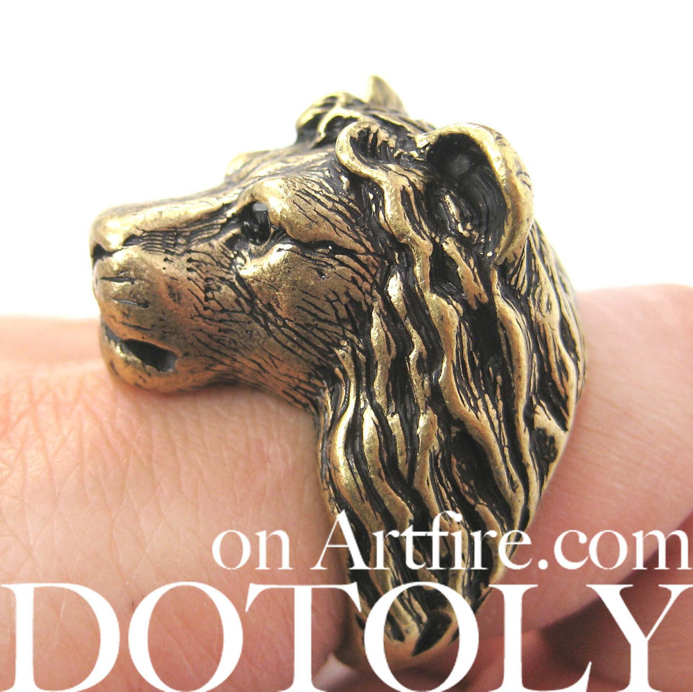 Large Lion Detailed Adjustable Animal Ring in Brass | Animal Jewelry | DOTOLY