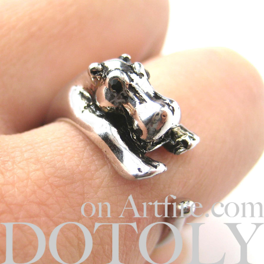 Hippo hippopotamus Animal Wrap Ring in Shiny Silver - Sizes 4 to 9 Available | DOTOLY