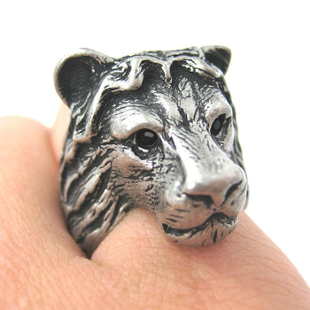 Large Lion Detailed Adjustable Animal Ring in Silver | Animal Jewelry | DOTOLY