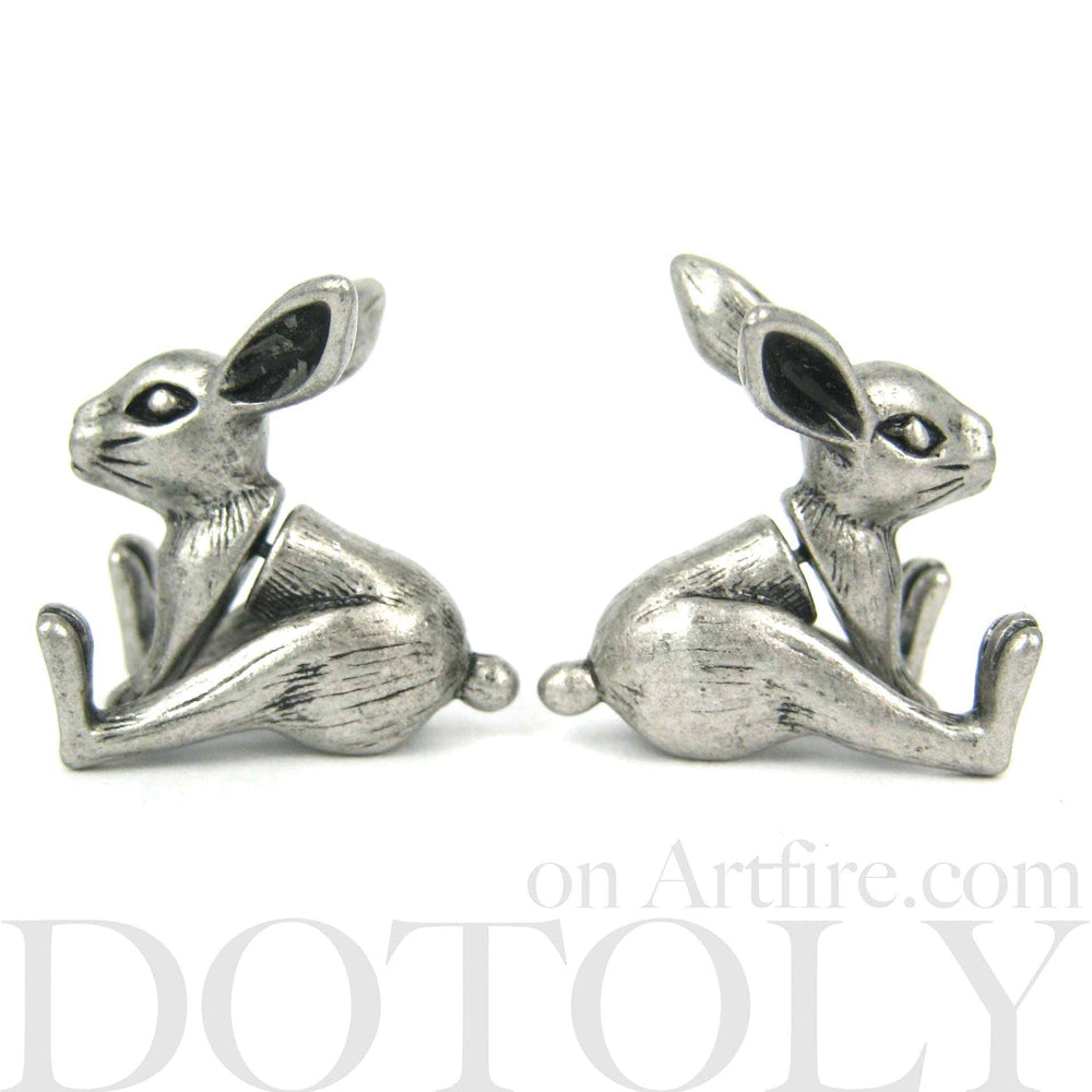 Fake Gauge Earrings: Realistic Bunny Rabbit Animal Shaped Plug Stud Earrings in Silver | DOTOLY
