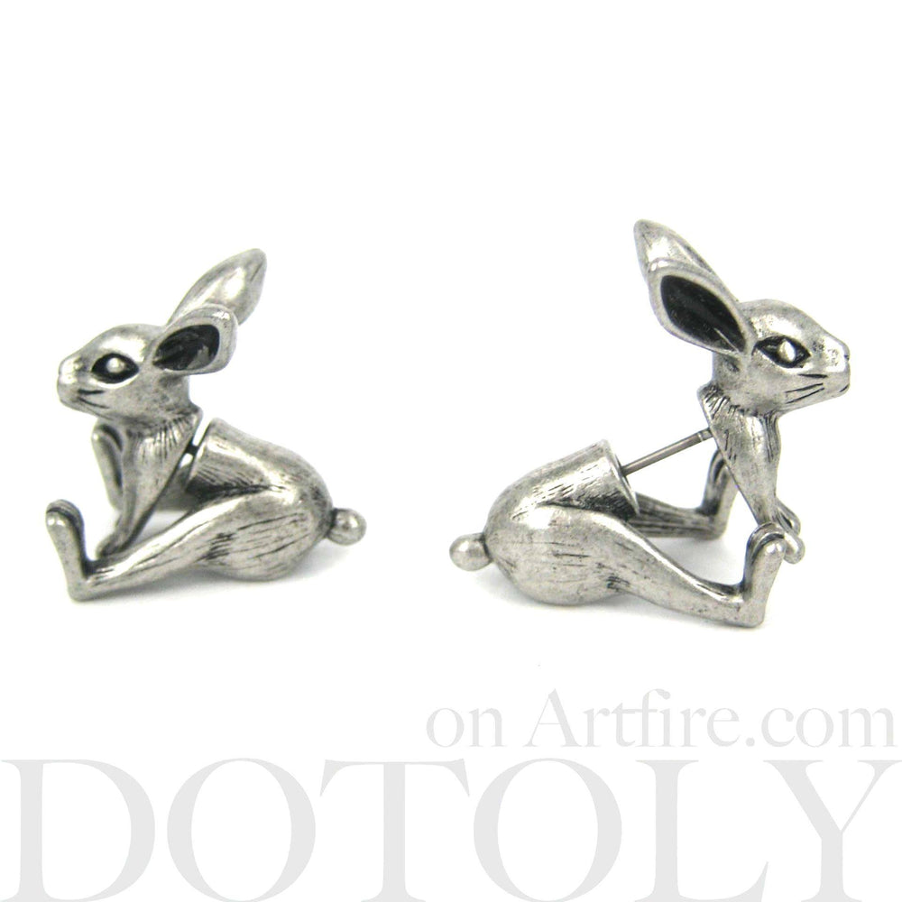 Fake Gauge Earrings: Realistic Bunny Rabbit Animal Shaped Plug Stud Earrings in Silver | DOTOLY
