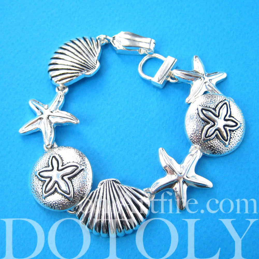 Starfish and Seashells Themed Charm Bracelet in Silver | DOTOLY